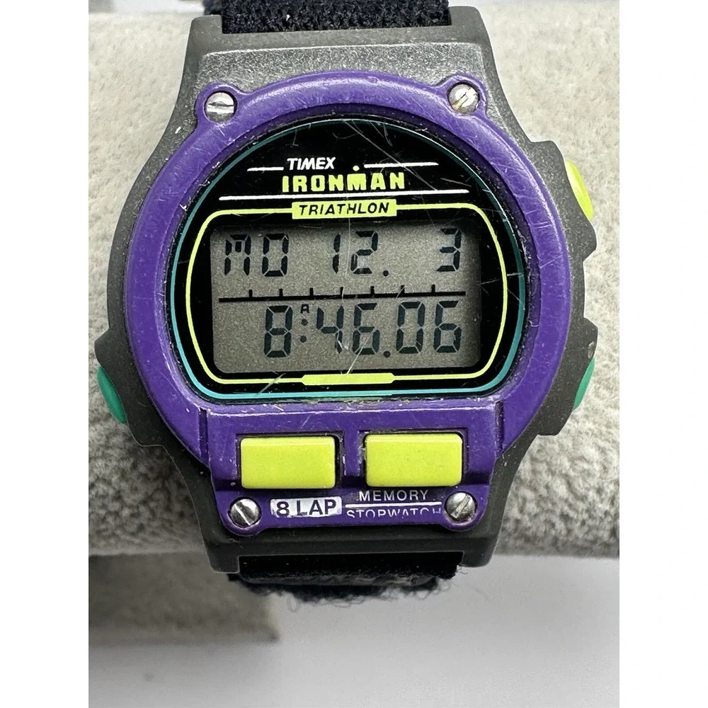 Timex 760 D7 Ladies Watch 1996 90's New Battery 8 Lap Purple Bezel 32MM 7.5